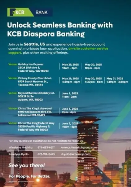KCB Bank Diaspora Team Visiting Seattle – May 29th to June 2nd!
