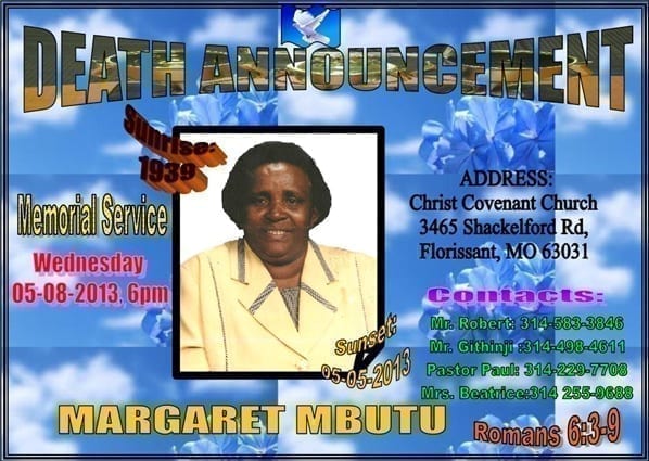 DEATH ANNOUNCEMENT OF PASTOR EUNICE MUNGAI'S MOTHER
