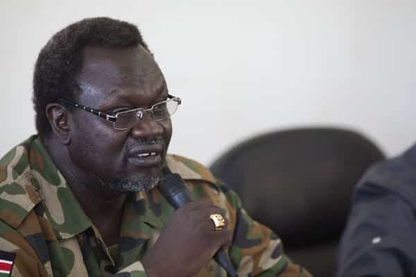 South Sudanese rebel leader and former vice president Riek Machar addresses a meeting of the Sudan People's Liberation Movement (SPLM) in the Upper Nile state in South Sudan on April 15, 2014. Dr Machar is in Kenya and is expected to meet President Uhuru Kenyatta. PHOTO/FILE