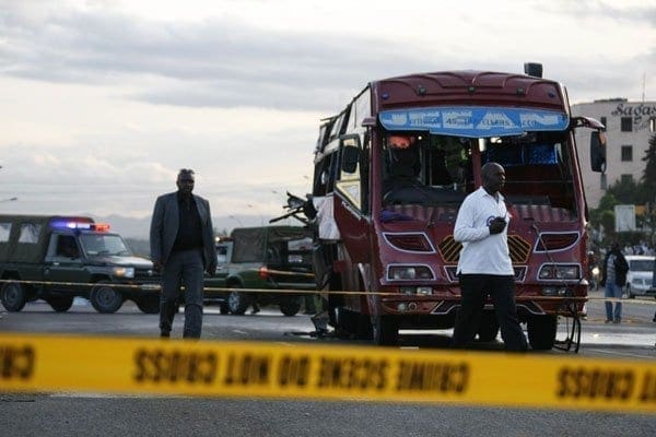 One of the two vehicles involved in the blasts along Thika Road May 4, 2014. Photo/EVANS HABIL