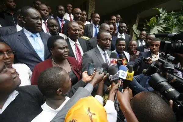 Igembe Member of Parliament Mithika Linturi leads his colleagues in addressing journalists at Panafric Hotel in Nairobi on June 11, 2014. The bid to impeach Cabinet Secretary Anne Waiguru flopped after Igembe South MP Mithika Linturi succumbed to pressure from President Uhuru Kenyatta and the Meru Council of Elders and failed to turn up on Thursday to move the Motion in Parliament.   PHOTO | EVANS HABIL