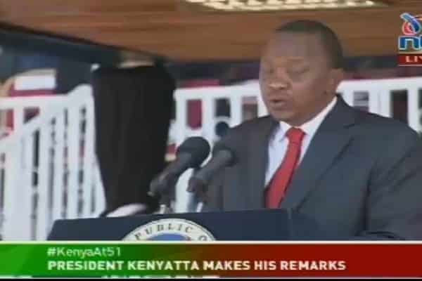 President Uhuru Kenyatta addressing the nation during the 2014 Madaraka Day celebrations. He welcomed the opposition's call for national dialogue but said there was no room for a coalition government. PHOTO/COURTESY NTV