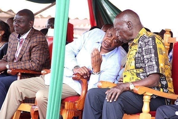 Retired President Daniel Moi (right), President Uhuru Kenyatta (centre) and Deputy President William Ruto during the re-launch of Kimalel Goat Auction in Baringo County on December 21, 2013. PHOTO | JARED NYATAYA