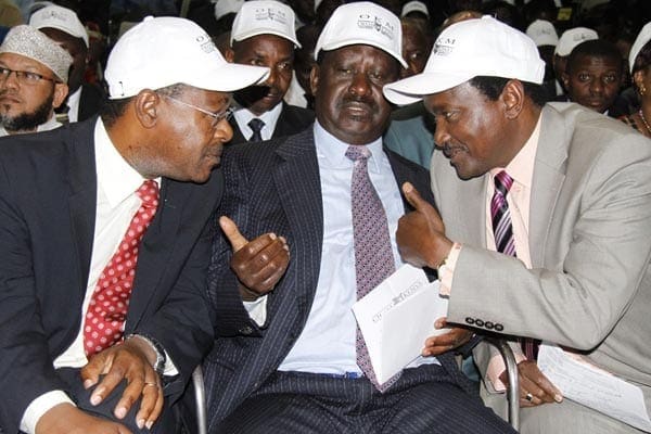 Cord leaders, from left, Moses Wetang’ula, Raila Odinga and Kalonzo Musyoka at Ufungamano House in Nairobi on August 13, 2014. Wetang'ula has said the three leaders will battle it out for the coalition's presidential ticket. FILE PHOTO |