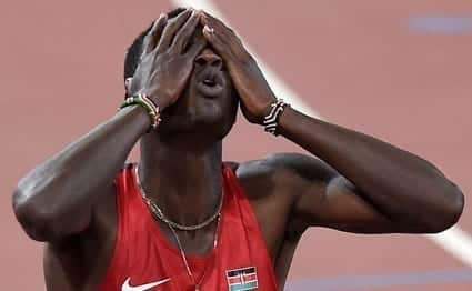 Kenya's Nicholas Bett cannot believe it after winning the men's 400 metres hurdles athletics event at the 2015 IAAF World Championships at the 