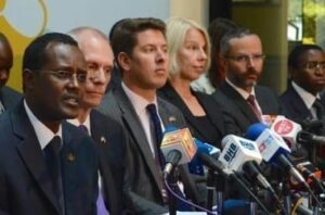 Ethics and Anti Corruption Commission CEO Halake Waqo,(left) US Ambassador Robert Godec (centre),UK High Commissioner Christian Turner and other envoys addressing members of the press at Integrity Centre.They were among Eleven Western countries envoys that visited EACC over the rampant corruption in Kenya they said they are willing to impose travel bans on Kenyans implicated in corruption. (PHOTO: FIDELIS KABUNYI)