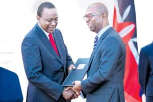 President Uhuru Kenyatta receives the proposed Anti-Bribery Bill prepared by the Kenya Private Sector Alliance (KEPSA) from Safaricom CEO Bob Collymore at State House, Nairobi on November 23, 2015. Kenyans in the diaspora welcomed the raft of measures to stem the runaway corruption in Kenya announced by the President. PHOTO | PSCU