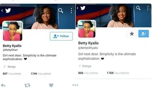 Betty Kyallo's Twitter handle bearing two different names.