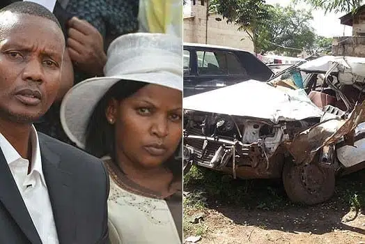 LEFT: Mr Peter Kibugi and his wife Hannah Wairiara at the funeral of the four children at Langata cemetery. RIGHT: A wreckage of the family's car.