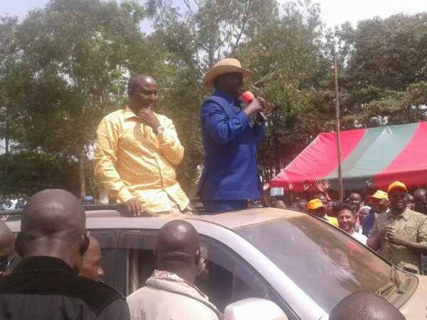 Cord leader Raila Odinga with Suna East MP Junet Mohamed in one of the stop overs at Migori county on Friday July 8, 2016. Photo/JUSTUS OCHIENG'