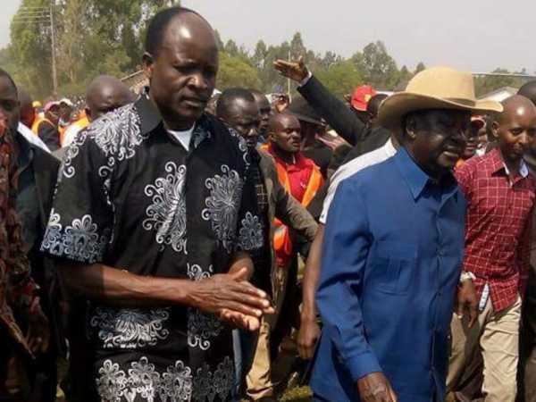 Migori Governor Okoth Obado with Cord leader Raila Odinga in Migori town on Friday 8th July 2016. Photo/Justus Ochieng' 