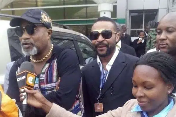 Renowned Congolese musician Koffi Olomide (left) on arrival at JKIA, Nairobi on Friday 22, 2016. The rhumba star was on July 26, 2016 arrested in his home town of Kinshasa by police. PHOTO | COURTESY