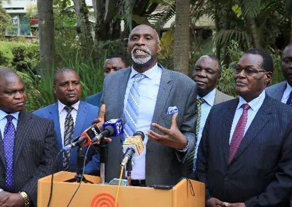 Former Commission for the Implementation of the Constitution chairman Charles Nyachae addresses the media at Serena Hotel on July 28, 2016 after they met President Uhuru Kenyatta at State House. Mr Nyachae said the visit was to push for the Abagusii people’s agenda. PHOTO | JEFF ANGOTE | NATION MEDIA GROUP