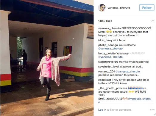 Vanessa Cheruto's post on Instagram announcing her release from Muthangari Police Station. PHOTO | COURTESY