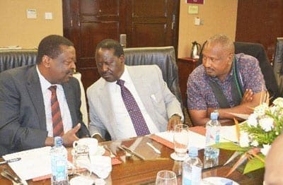 Amani National Congress Musalia Mudavadi (left), ODM party leader Raila Odinga and Kanu Secretary-General Nick Salat at a meeting in Nairobi on June 19, 2016. Analysts on July 15, 2016 said that Mr Odinga would have to move strategically to avoid triggering more fallouts. PHOTO | NATION MEDIA GROUP