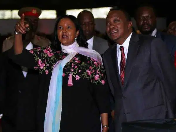 Foreign Affairs Cabinet secretary Amina Mohammed with President Uhuru Kenyatta during the launch of the Kenya Foreign and Diaspora Policy at the KICC on January 20 last year /FILE