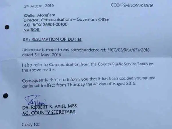 The letter by Nairobi secretary Robert Ayisi reinstating Walter Mong'are as county director of communication.