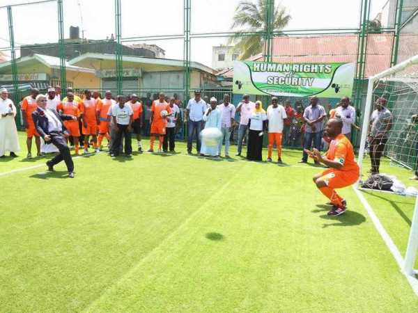 Norwegian Ambassador Victor Rønneberg and Mombasa Governor Hassan Joho during a football match, when the governor officially launched the Youth Engagement and Empowerment Project in Majengo, Mombasa, on Saturday /GPS