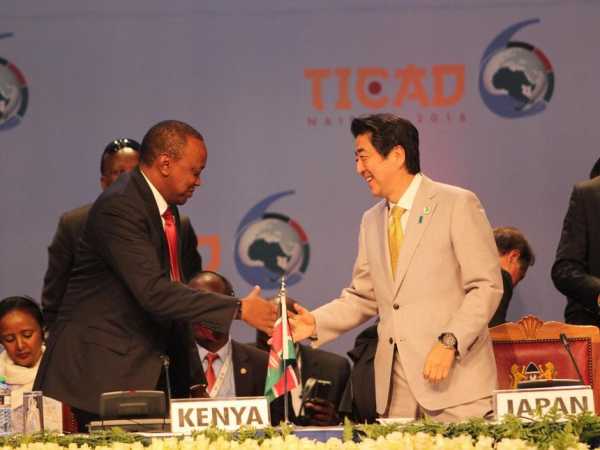 President Uhuru Kenyatta with Japan Premier Shinzo Abe after the closing ceremony of TICAD 6 in Nairobi on August 28, 2016. At the close of TICAD, Uhuru announced Kenya's Sh500m contribution to the Global Fund /ENOS TECHE