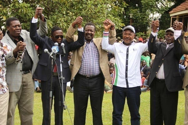 Mr Eugene Wamalwa, Mr Ababu Namwamba, Mr Musalia Mudavadi, Mr Moses Wetang’ula and Mr Musikari Kombo at a function on August 23, 2014.