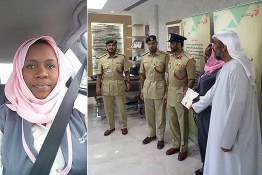 LEFT: Peris Wangechi RIGHT: With senior officers of Dubai police department after she was awarded as the best taxi in the city. PHOTOS | COURTESY