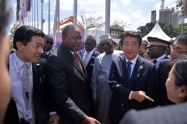 President Uhuru Kenyatta (Second left), Africa Union chairman and president of Chad Idriss Déby and Japan Prime Minister Shinzo Abe during the 6th Tokyo International Conference on African Development (TICAD) opening ceremony at KICC in Nairobi on August 27, 2016. PHOTO | SALATON NJAU | NATION MEDIA GROUP