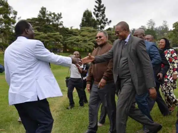 Cord leader Raila Odinga is received by Taita Taveta Governor John Mruttu at the start of a two-day tour of the county, August 14, 2015. /COURTESY