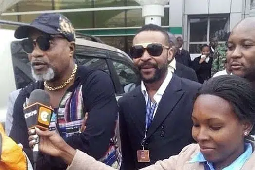 Renowned Congolese musician Koffi Olomide (left) on arrival at Jomo Kenyatta International Airport in Nairobi on Friday 22, 2016. PHOTO | COURTESY