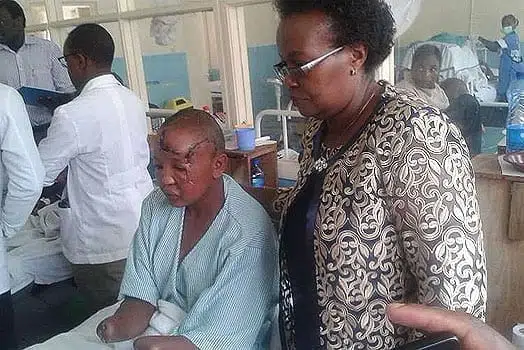 Machakos County Women Representative Dr Susan Musyoka consoles Ms Jackline Mwende at Machakos level 5 hospital. PHOTO | STEPEHN MUTHINI