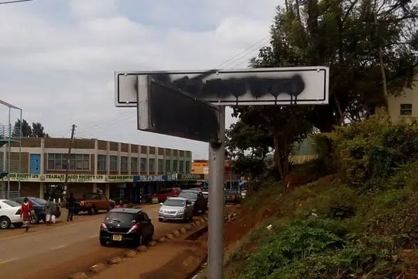 A defaced street sign in Chuka town in Meru County. PHOTO | DAVID MUCHUI | NATION MEDIA GROUP