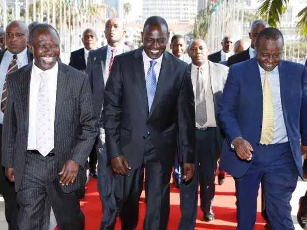 DP William Ruto, National Assembly Budget committee chairman Mutava Musyimi and Treasury CS Henry Rotich arrive for the launch of the budget-making process for financial year 2016/17 at the KICC in Nairobi, July 2016. /DPPS