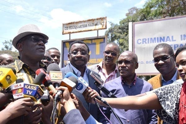 Machakos Senator Johnson Muthama (left) and his Siaya counterpart James Orengo after speaking to journalists yesterday at Parliament Buildings in Nairobi. Kakamega Senator Boni Khalwale (right) held a separate press briefing at the same venue. PHOTO | SALATON NJAU |