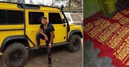 Embakasi West, George Theuri, standing next to what is believed to be his latest car. RIGHT: A heap of branded campaign t-shirts bearing the MP's name. PHOTO | COURTESY