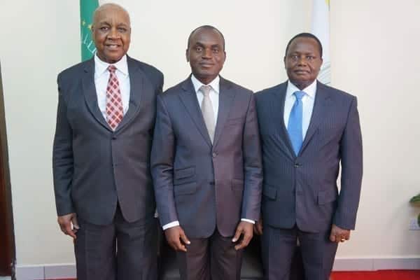 Newly elected president of the African Court on Human and Peoples’ Rights Justice Sylvain Ore from Cote d’Ivoire (centre) the outgoing president justice Augustino Ramadhani of Tanzania (left) and newly elected vice-president Justice Ben Kioko from Kenya after the elections on September 5, 2016. PHOTO | COURTESY