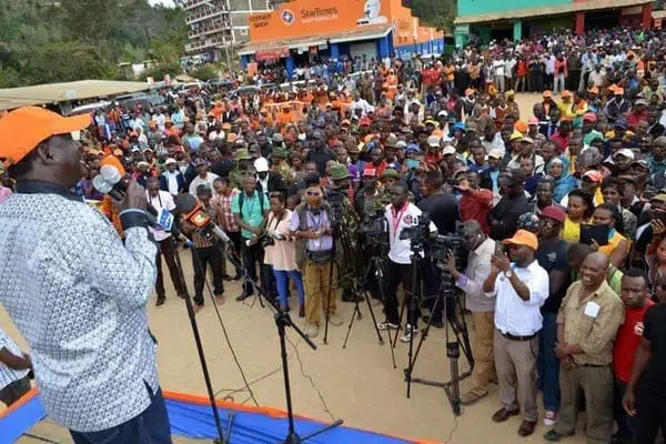 ODM leader Raila Odinga addresses a rally at the Wundanyi bus stage in Taita-Taveta County on September 21, 2016. He told defectors to officially resign and defend their seats in by-elections. PHOTO | KEVIN ODIT | NATION MEDIA GROUP