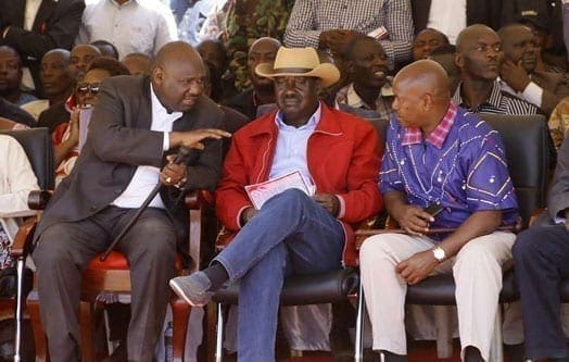 Narok Governor Samuel Tunai (left) and his K counterpart from Kajiado talk with Cord leader Raila Odinga at the home of late Minister William Ole Ntimama in Motonyi village in Narok on September 12, 2016. PHOTO | SULEIMAN MBATIAH
