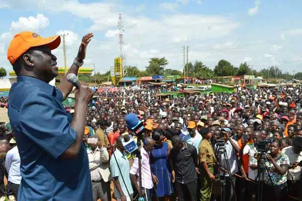 Cord leader Raila Odinga addressing a rally at Sabatia in Butere Constituency, Kakamega county on September 5, 2016. Cord leader has told governors and MPs planning to defect to Jubilee Party to do so now. PHOTO | ISAAC WALE |