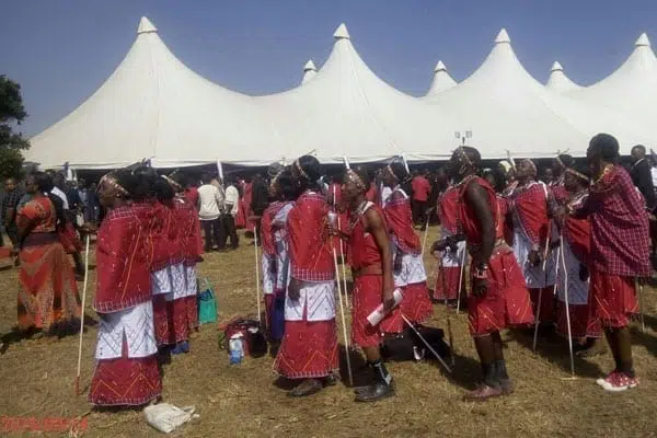 Members of the Narok County Assembly choir rehearse to receive Mr Ntimama's remains.