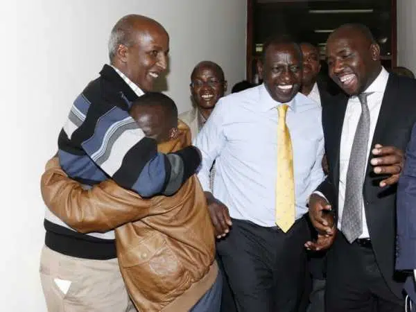 Former Police Commissioner Hussein Ali, former radio journalist Joshua Sang, Deputy President William Ruto, Senator Kipchumba Murkomen and other leaders celebrate the collapse of the ICC cases at the DP’s Karen offi ce on April 6 /CHARLES KIMANI /DPPS