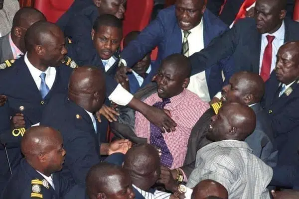 A scuffle at the Nairobi County Assembly on October 4, 2016. PHOTO | DENNIS ONSONGO | NATION MEDIA GROUP