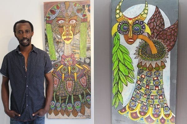 Artist Ngene Mwaura who is back in Kenya after living in the US for more than 10 years. Below: An artwork named 'The Guardian and the Vine' in 'black angels have red wings'. PHOTO | MARGARETTA wa GACHERU