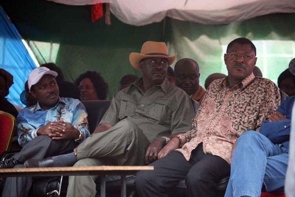From left, Cord principals Kalonzo Musyoka, Raila Odinga and Moses Wetang'ula at the coalition's rally at the Mulu Mutisya Grounds in Machakos on July 3, 2016.