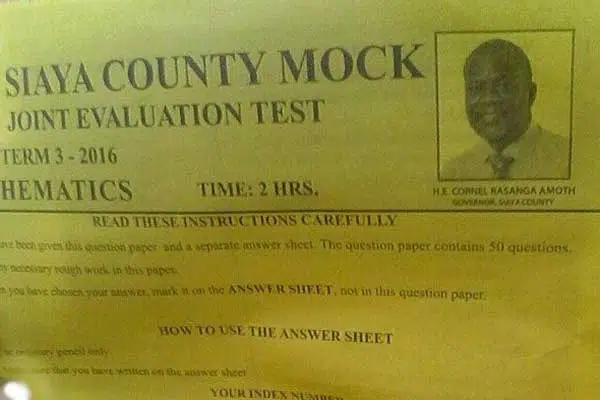 A Siaya mock exam paper bearing the portrait of