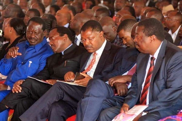 Opposition leaders (front, from left) Raila Odinga, Kalonzo Musyoka, Moses Wetang'ula and Musalia Mudavadi in Motonyi, Narok on September 14, 2016. PHOTO | JEFF ANGOTE | NATION MEDIA GROUP
