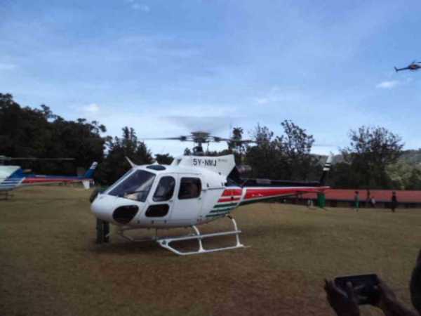 Three Choppers hired by KANU leaders to attend a women fundraiser in Bartolimo, Beringo North Sub-county on Wednesday. They embarrassed Jubilee leaders who squeezed in one chopper who also contributed peanuts in the fundraiser.PHOTO JOSEPH KANGOGO