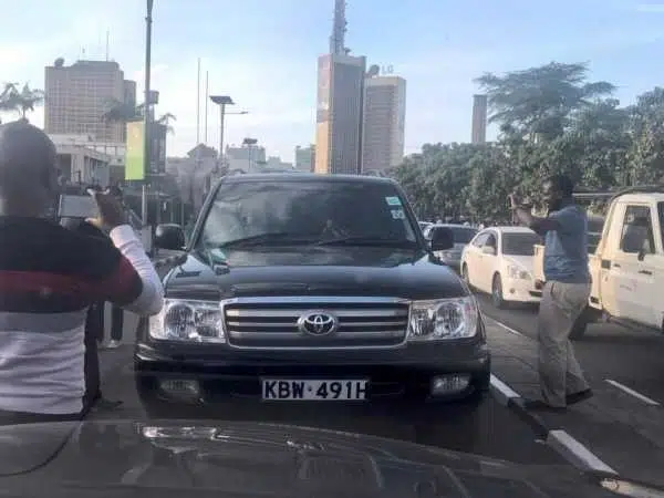 The Toyota Land Cruiser of Mwingi West MP Bernard Kitungi, which was blocked for driving on the wrong side of the road, December 7, 2017. /COURTESY