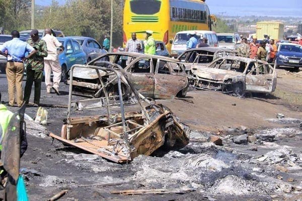 Remains of some of the vehicles involved in an accident along Naivasha-Nakuru highway on December 11, 2016. The accident that occurred on Saturday night occured when a lorry transporting chemicals lost control and rammed onto other vehicles before it exploded, leaving 38 people dead. PHOTO | JEFF ANGOTE | NATION MEDIA GROUP