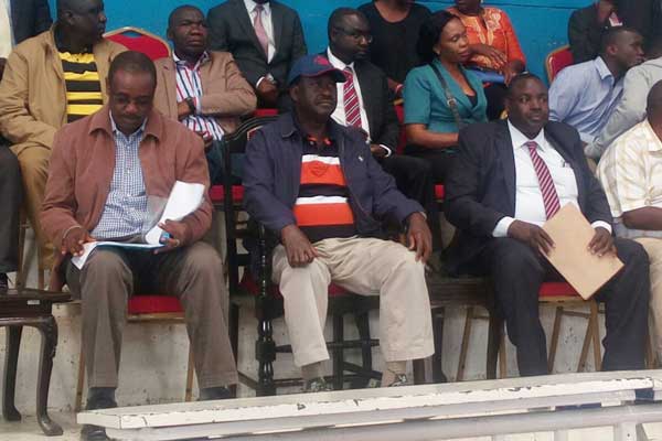 Cord leader Raila Odinga (centre) at a meeting