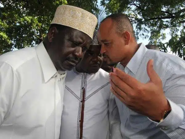 A file photo of ODM leader Raila Odinga and Lunga Lunga MP Khatib Mwashetani in Likoni. /ELKANA JACOB
