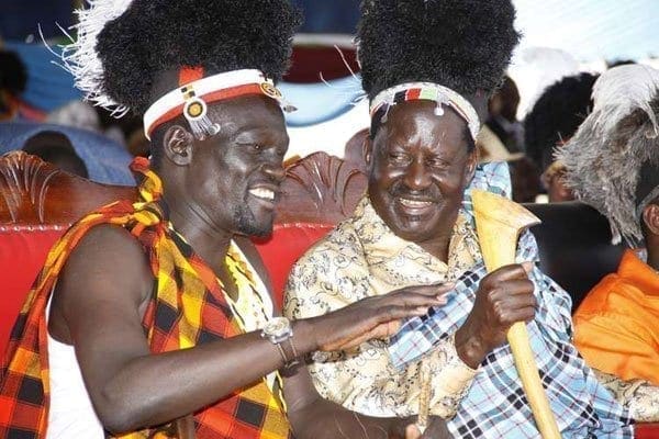 Cord Leader Raila Odinga (right) and Turkana County Governor Josphat Nanok during the 3rd edition of the Turkana County Tourism and Cultural Festivals ‘Tobong’u Lore’ held at Ekalees Centre in Lodwar on August 27, 2016. PHOTO | JARED NYATAYA | NATION MEDIA GROUP